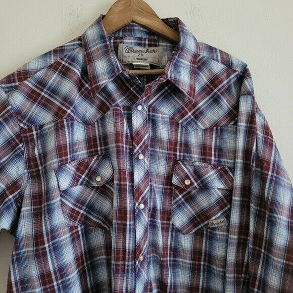 Vtg Wrangler Pearl Snap Button Up Shirt Mens 2XL Blue Plaid Western Cowboy Farm - Picture 2 of 9